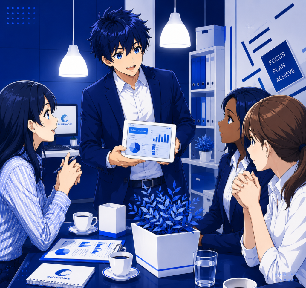 Anime-style digital marketing team meeting in a modern blue and white office, presenting business analytics, growth strategy, and marketing performance on a tablet.