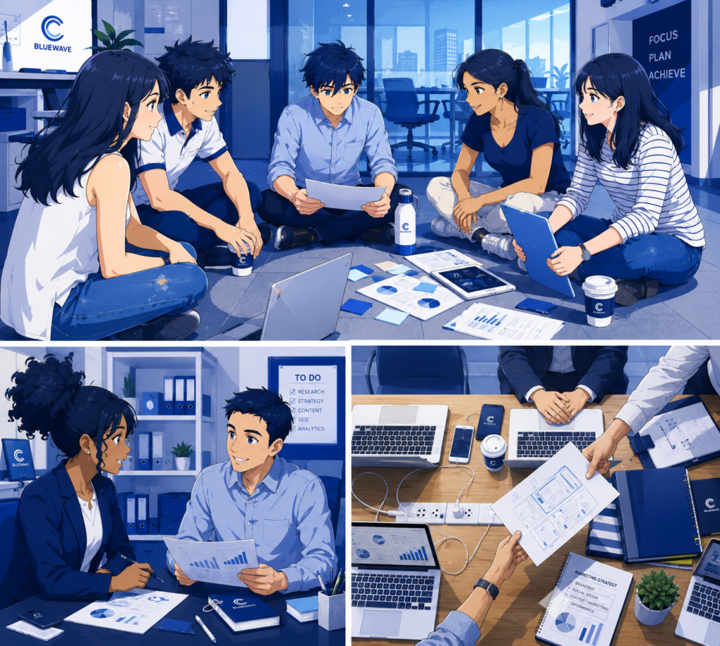Anime-style business team collaborating in a modern blue and white office, discussing marketing strategies, analytics reports, project planning, and teamwork.