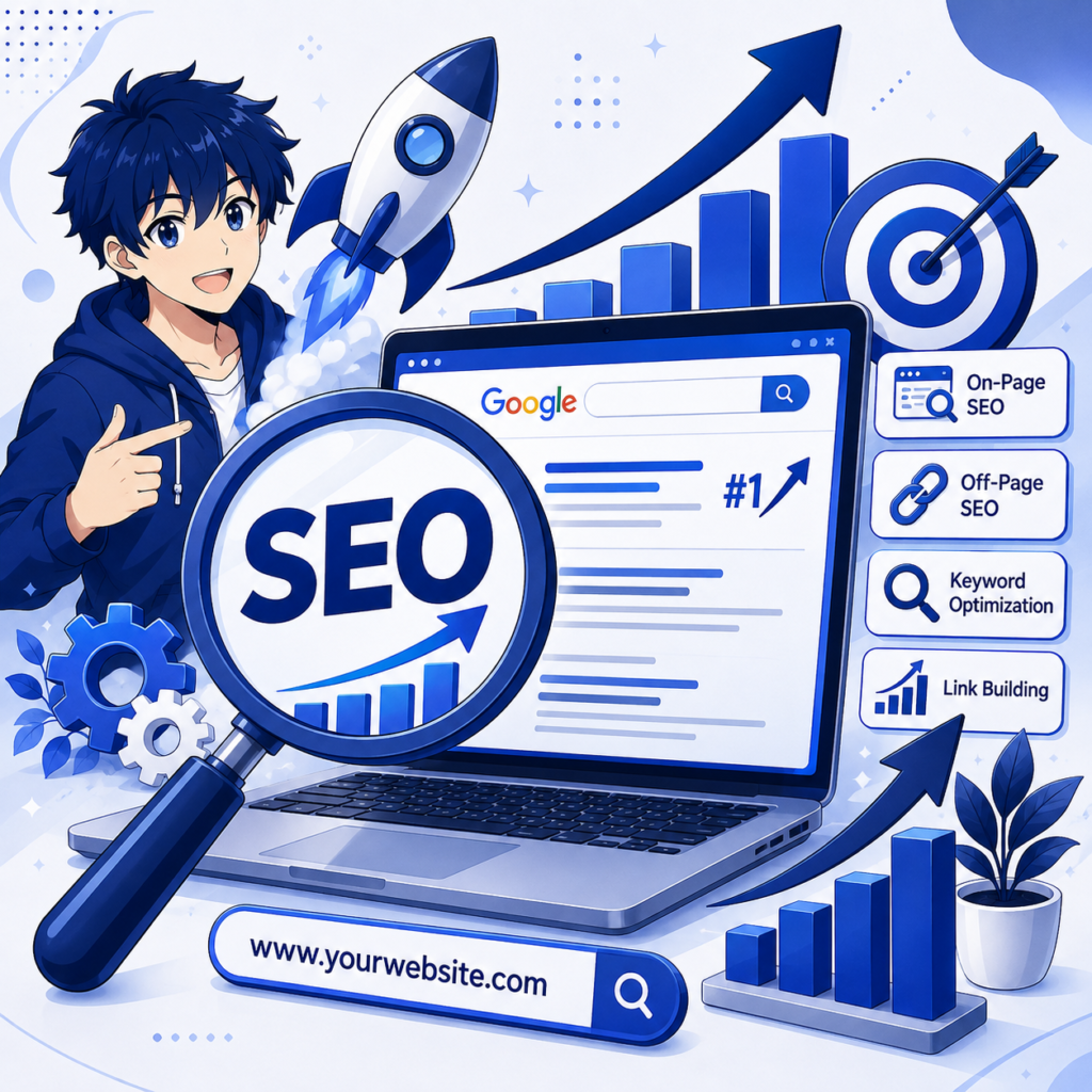Anime-style SEO marketing illustration featuring a blue-themed digital marketing dashboard, search engine optimization tools, keyword research, link building, and website ranking growth.