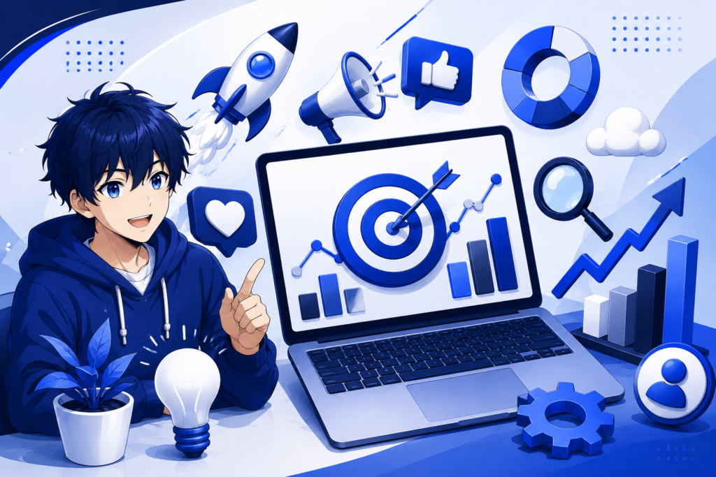 Anime character presenting digital marketing analytics with laptop charts, target, rocket, social media, and growth icons