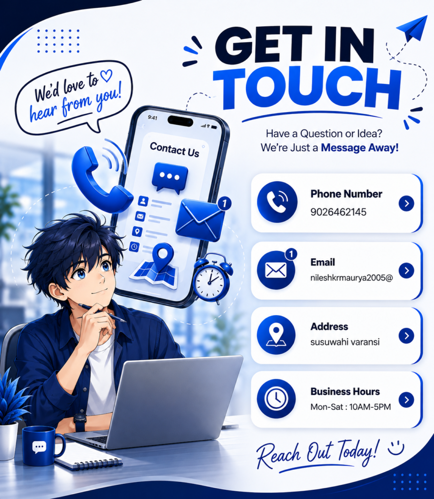 Get in touch contact banner with anime character, smartphone, phone, email, address, and business hours