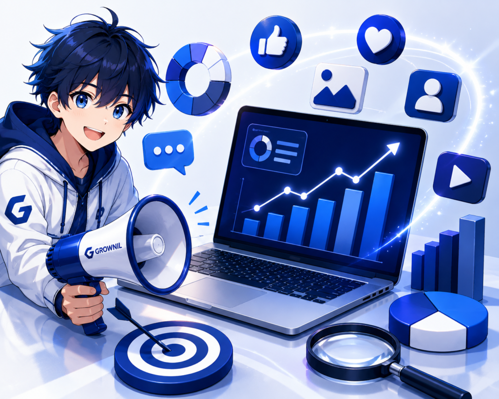 Anime character presenting digital marketing growth analytics with a laptop, social media icons, target, charts, and megaphone in a blue, navy blue, and white theme.