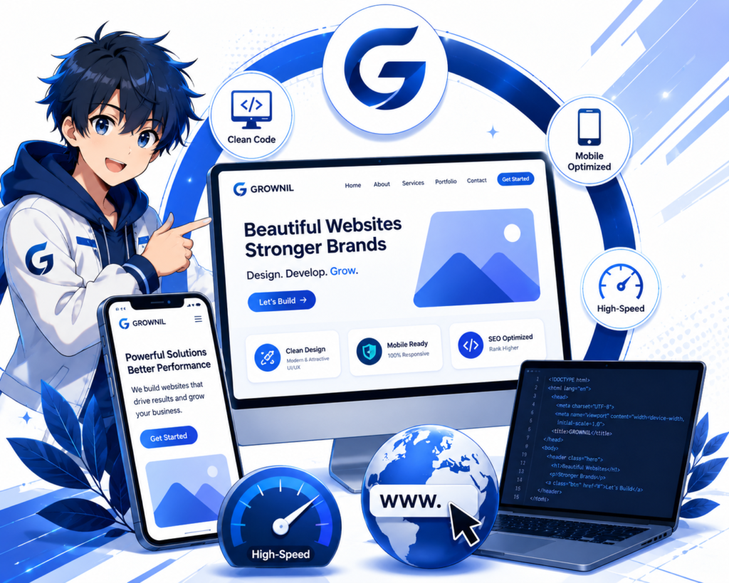 Anime character promoting modern web development with a responsive website, mobile design, clean code, SEO, and high-speed performance in a blue, navy blue, and white theme.