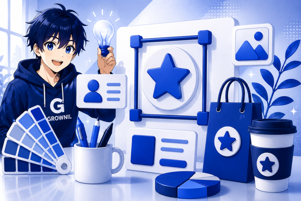 Anime character representing Grownil branding and digital marketing services in a blue, navy blue, and white creative workspace.