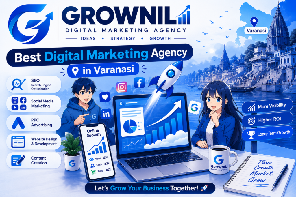 Anime-style digital marketing agency banner for Grownil in Varanasi featuring blue-themed marketing graphics and growth visuals.