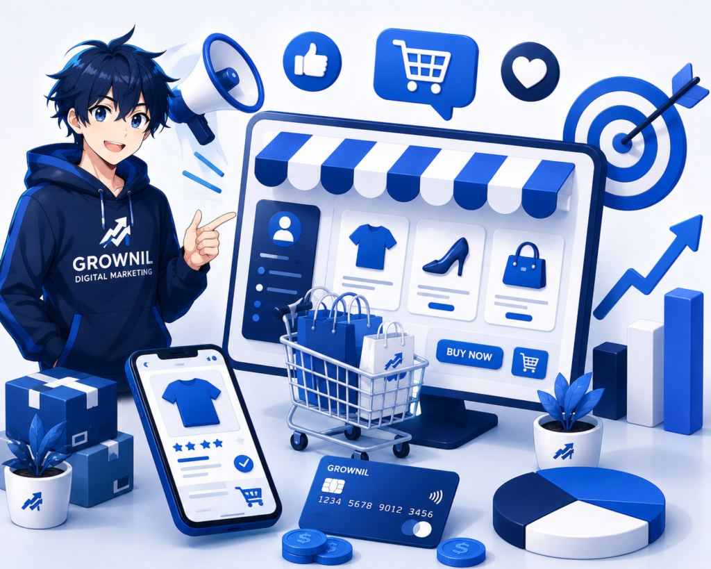 Anime character representing Grownil digital marketing services with ecommerce and online marketing icons
