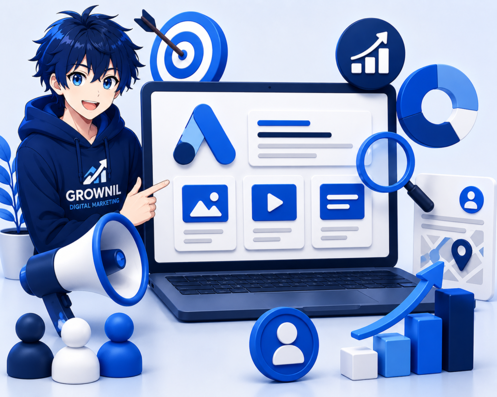Grownil Google Ads management with anime character, laptop analytics dashboard, target and advertising growth icons