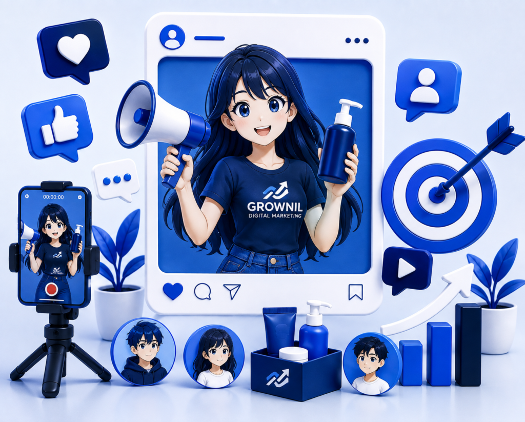 Grownil influencer marketing services with anime character, social media engagement icons, smartphone, and growth chart