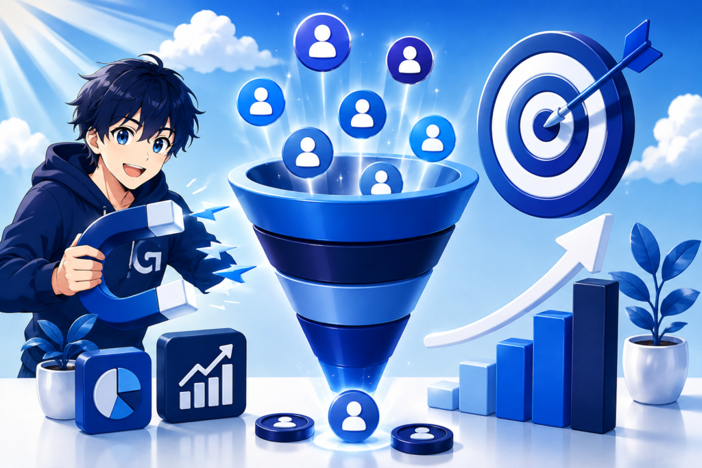 Anime-style lead generation concept featuring a digital marketing funnel, target audience icons, growth charts, and Grownil’s blue and navy blue theme.