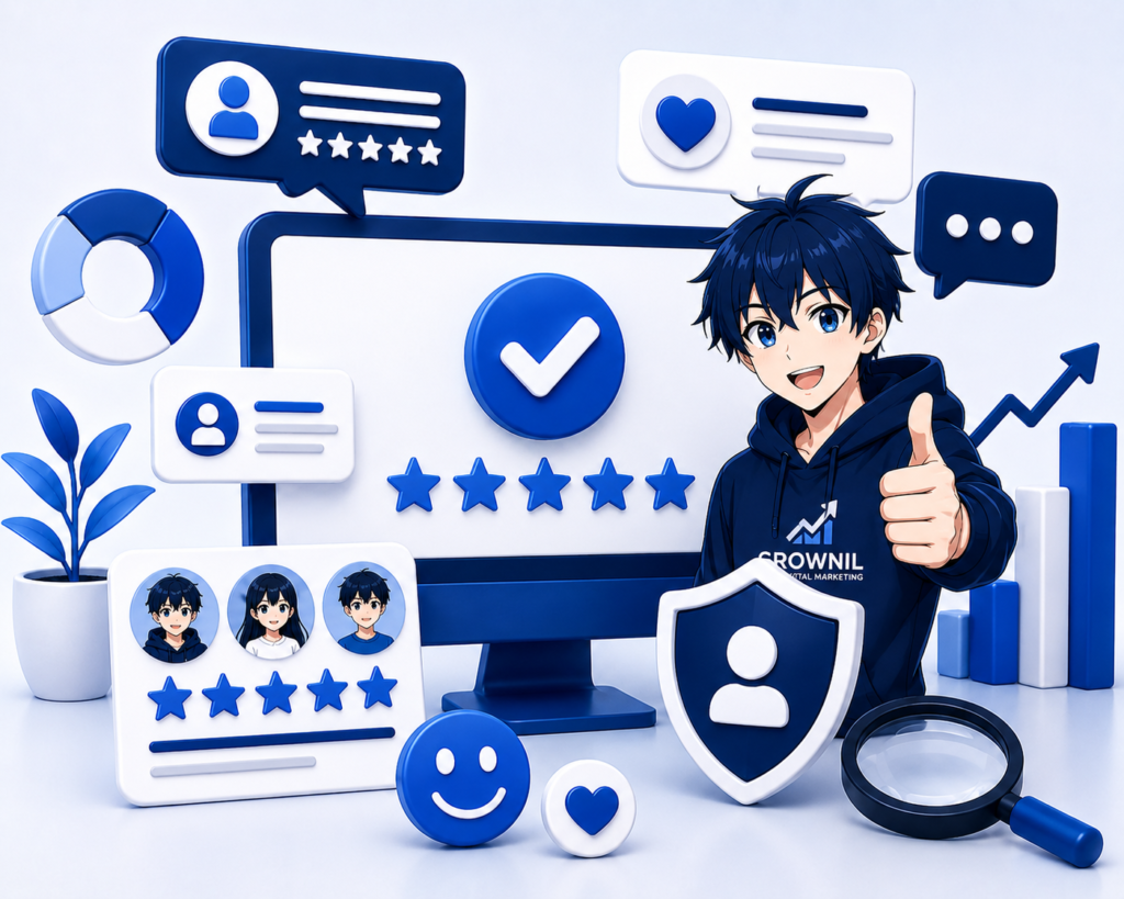 Grownil online reputation management with anime character, five-star reviews, trust badge, and customer feedback analytics