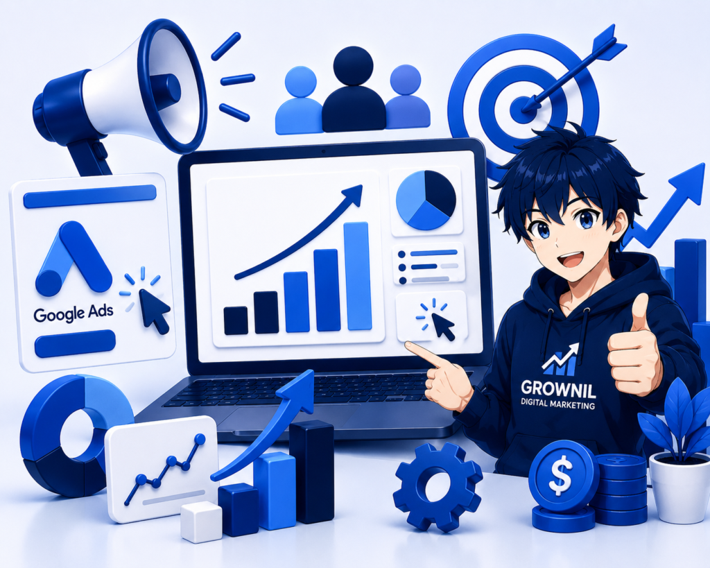 rownil performance marketing with anime character, laptop analytics dashboard, growth charts, target, and advertising icons