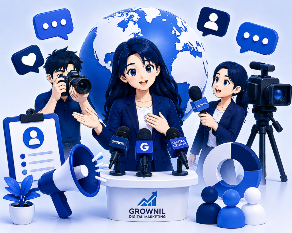 Grownil public relations marketing with anime character, press conference, media microphones, cameras, and global communication icons