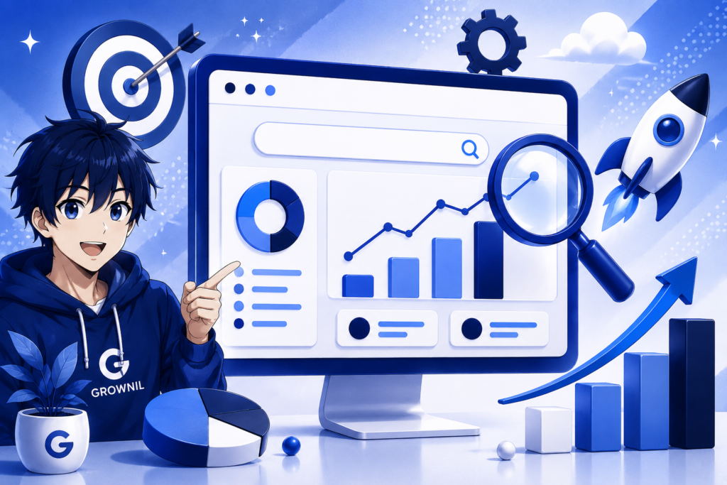 Anime-style SEO and search engine optimization illustration featuring a computer screen, search analytics, magnifying glass, target, growth chart, and Grownil’s blue, navy blue, and white theme.