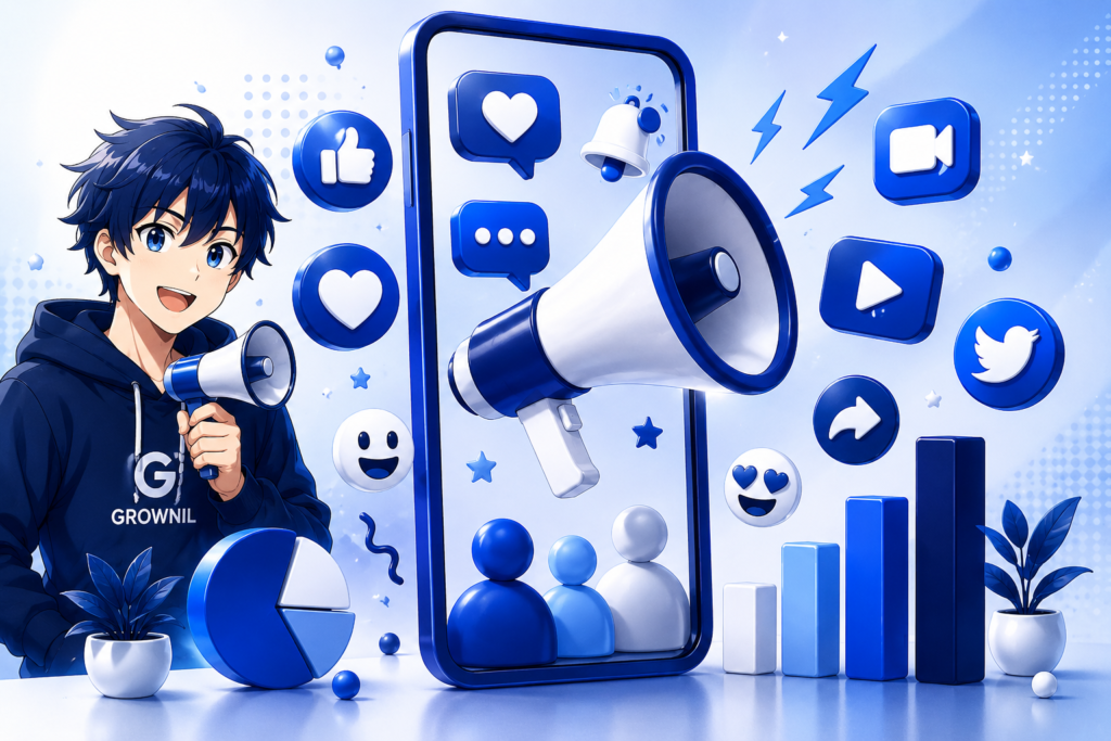 Anime-style social media marketing illustration featuring a megaphone, smartphone, engagement icons, audience growth, and Grownil’s blue and navy blue theme.