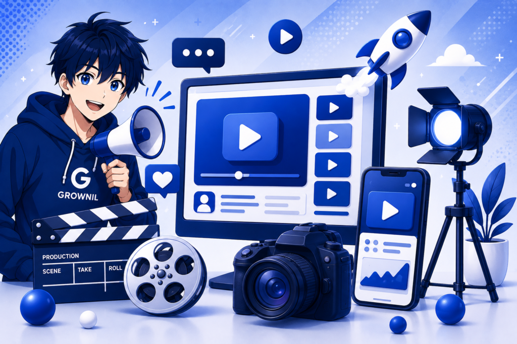 Anime-style video marketing illustration featuring a content creator, camera, megaphone, smartphone, video screen, and growth-focused digital media elements in blue, navy blue, and white.