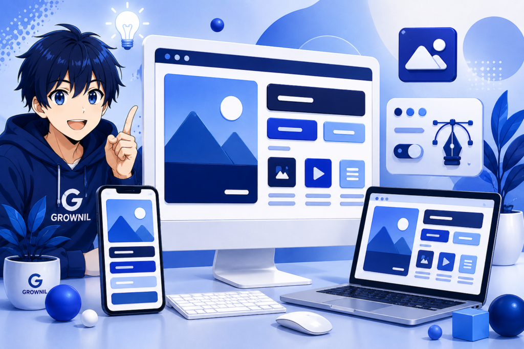 Anime-style website design and development workspace featuring responsive UI screens, laptop, smartphone, and Grownil branding in blue, navy blue, and white.