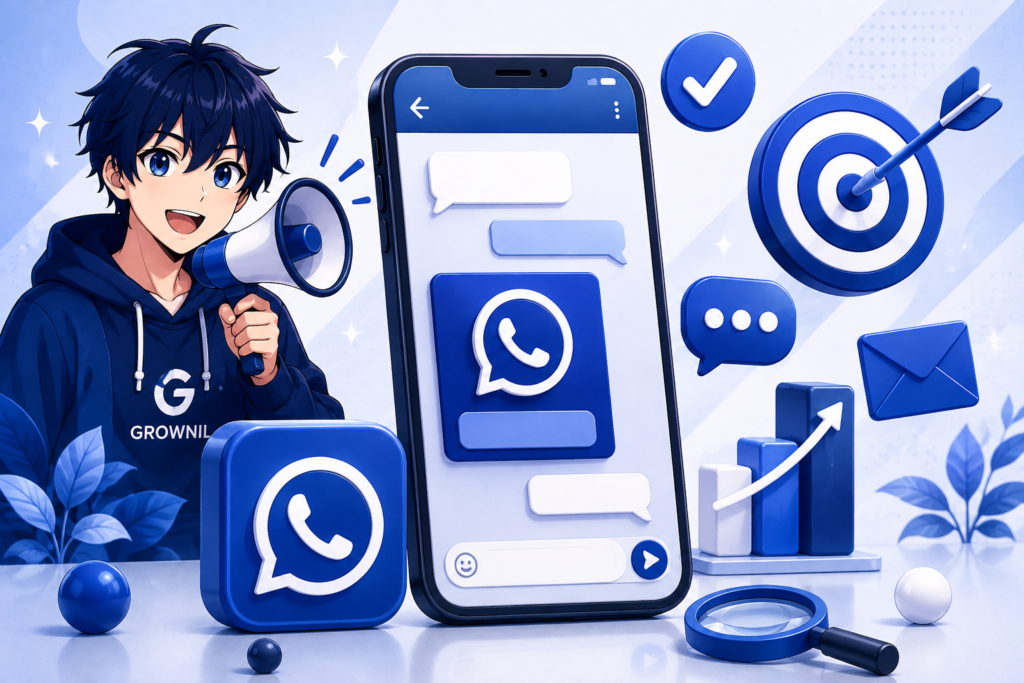Anime-style WhatsApp marketing illustration featuring a smartphone, messaging icons, target, growth chart, megaphone, and Grownil’s blue, navy blue, and white theme.