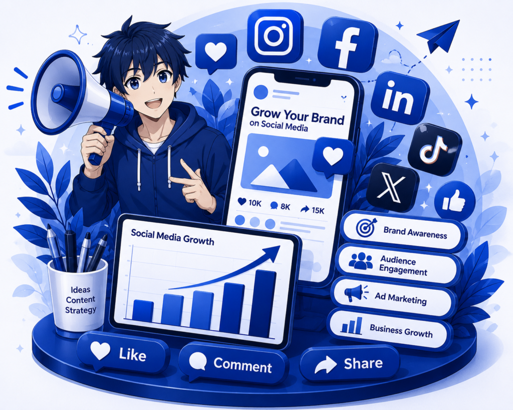 Anime-style social media marketing illustration featuring a marketing expert with a megaphone, social media platforms, engagement analytics, audience growth, and brand awareness elements in a blue, navy blue, and white theme.
