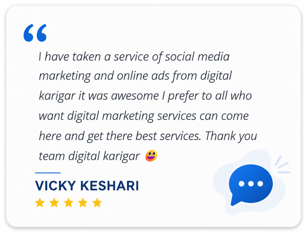 Vicky Keshari testimonial praising Digital Karigar for social media marketing and online advertising services.