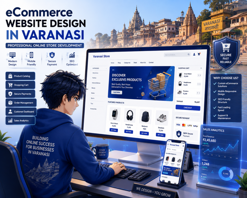 eCommerce Website Design in Varanasi with online store development, shopping cart, and secure payment integration
